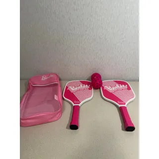 Photo of Barbie 5 Piece Pickleball Set 2 Wood Paddles 2 Balls Carry Case Pink NWT
