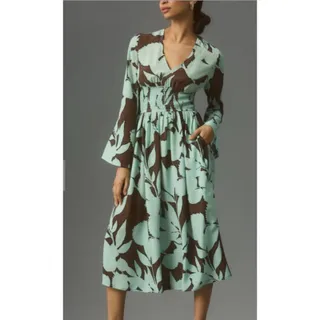 Photo of New Anthropologie DHRUV KAPOOR Long Sleeve V-Neck Maxi Dress $248 X-SMALL Brown