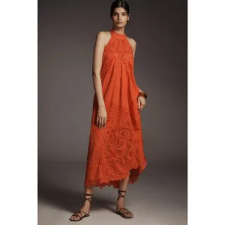 Photo of NWT Anthropologie Halter Cutwork Lace Dress MAXI $298 LARGE Orange