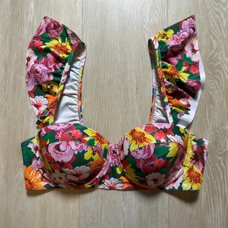 Photo of Bright Floral Sleeveless Bikini Top | Removable Ruffled Straps | Size Large