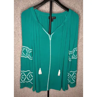 Photo of Lane Bryant 24 Teal Embroidered Boho Peasant Tassel Blouse