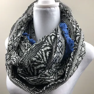 Photo of American Eagle Infinity Scarf B/W Sheer Blue Crochet Trim Boho Aztec 100% Cotton