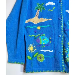 Photo of Quacker Factory Tropical Beach Cardigan L Sailboat Fish Palm Tree Ramie Cotton