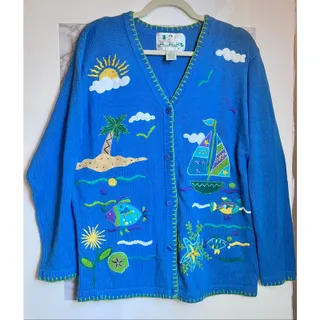 Photo of Quacker Factory Tropical Beach Cardigan L Sailboat Fish Palm Tree Ramie Cotton