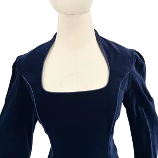 Photo of Vintage 80s Laura Ashley Navy Blue Velvet Puff Sleeve Sweetheart Maxi Dress