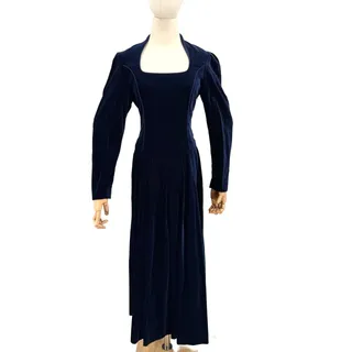 Photo of Vintage 80s Laura Ashley Navy Blue Velvet Puff Sleeve Sweetheart Maxi Dress