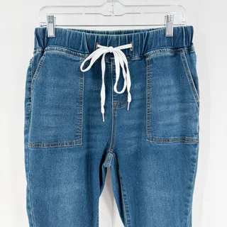 Photo of BLOOMCHIC High Waisted Elastic Waist Drawstring Denim Joggers Jeans Medium Wash