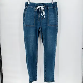 Photo of BLOOMCHIC High Waisted Elastic Waist Drawstring Denim Joggers Jeans Medium Wash