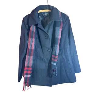 Photo of London Fog Pea Coat Jacket Size L Womens Wool Blend Black With Plaid Scarf