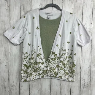 Photo of Cathy Daniels Floral Cardigan Sweater White Green Botanical Cottagecore Size XL