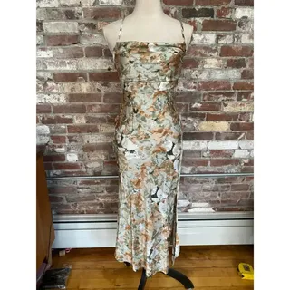 Photo of Tsher Sage Green & Tan Abstract Floral Satin Slip Dress XS Midi Maxi Slit