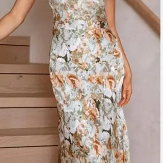 Photo of Tsher Sage Green & Tan Abstract Floral Satin Slip Dress XS Midi Maxi Slit