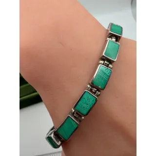 Photo of Rare Vintage 1950s Mexico 950 Sterling Silver Malachite Inlay Link Bracelet