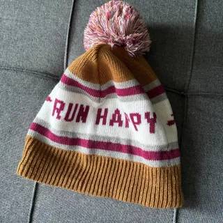 Photo of Brooks Run Happy Heritage Pom Beanie Brown & Burgundy Fleece Lined Winter Hat