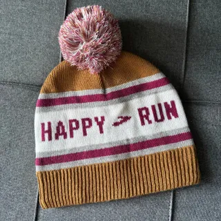 Photo of Brooks Run Happy Heritage Pom Beanie Brown & Burgundy Fleece Lined Winter Hat