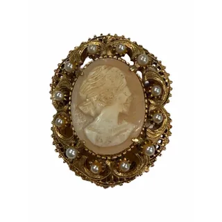 Photo of Vintage Signed FLORENZA Gold Tone Cameo Pin Brooch Faux Pearls