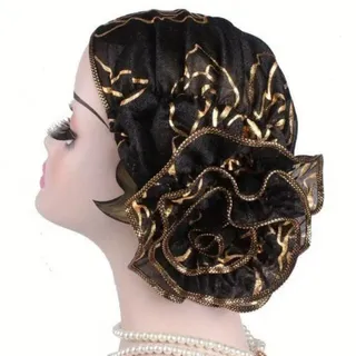 Photo of Black Elegant Hot Stamping Flower Pre-Tied Head Scarf Stylish Turban Cap