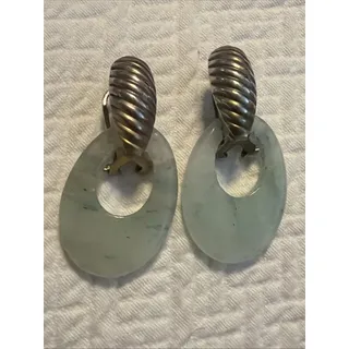 Photo of Gold Tone Jade Door Knocker Earrings – Light Green Stone French Back Dangle Vintage Style Jewelry