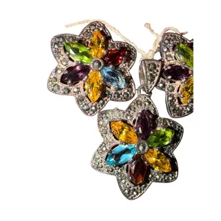 Photo of Sterling Silver 925 Floral Jewelry Set Multicolor Pendant Stud Earrings