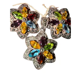 Photo of Sterling Silver 925 Floral Jewelry Set Multicolor Pendant Stud Earrings