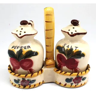 Photo of Vintage Nasco Salt Pepper Shakers Holder Ceramic Radishes Handle Japan • 3.5"