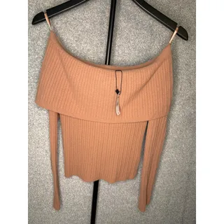 Photo of NWT Express S Brown Ribbed Off Shoulder Foldover Sweater