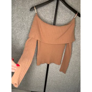 Photo of NWT Express S Brown Ribbed Off Shoulder Foldover Sweater