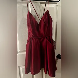 Photo of Blondie Nites Satin Short Fit & Flare Party Dress w/ pockets & lace-up back
