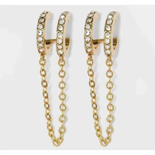 Photo of SUGARFIX by BaubleBar Double Hoop Stud Earrings with Chain – Clear, Nickel Free