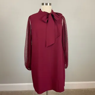 Photo of Vince Camuto Burgundy Red Dress Long Dot Sleeve Tie Neck Shift Mini Size 14W