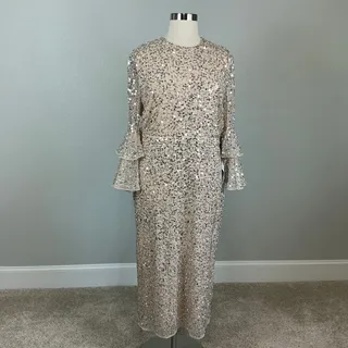 Photo of Mac Duggal 10802 Gold and Silver Cocktail Dress Sequin Long Sleeve Midi Size 22