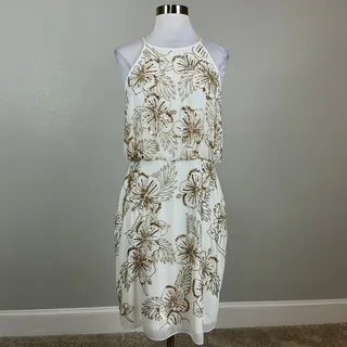 Photo of Aidan Mattox White & Gold Cocktail Dress Beaded Sleeveless Halter Sheath Size 8