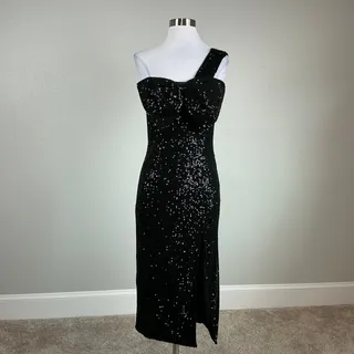 Photo of Mac Duggal 11286 Black Cocktail Dress Sequin One Shoulder Midi Sheath Size 14