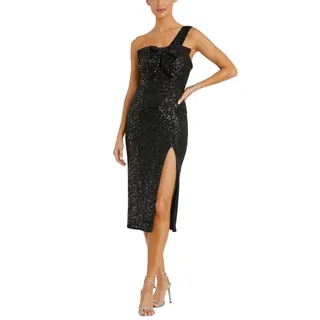 Photo of Mac Duggal 11286 Black Cocktail Dress Sequin One Shoulder Midi Sheath Size 14