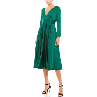 Photo of Mac Duggal 67527 Green Cocktail Dress Satin Long Sleeve Fit & Flare Midi Size 6