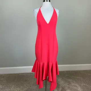 Photo of Aidan Mattox Coral Pink Cocktail Dress Backless High Low Midi Sheath Size 4