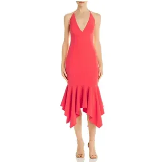 Photo of Aidan Mattox Coral Pink Cocktail Dress Backless High Low Midi Sheath Size 4