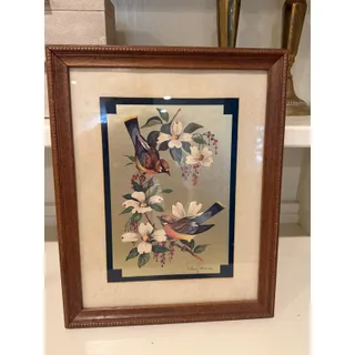 Photo of Vintage Framed Bird Print Cedar Waxwings Dogwood Flowers by William J Whiteside