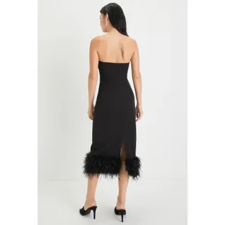Photo of NWOT Lulu's Fancy Behavior Black Bustier Strapless Feather Midi Dress Size Small