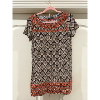 Photo of THML Navy and Cream Patterned Short Sleeve Tunic with Coral/orange Trim