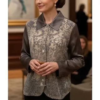 Photo of Vintage Diane Von Furstenburg silk and satin burnout blouse with wide collar