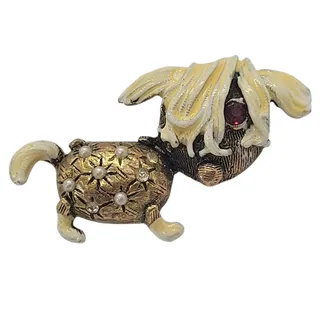 Photo of WEISS Vintage Enamel Shaggy Dog Brooch Pearl Red Rhinestone