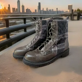 Photo of Rock & Candy Brown Plaid Zip Lace Up Round Toe Platform Combat Boots Women Sz 10
