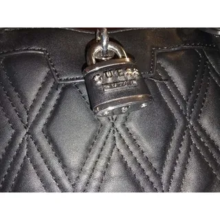 Photo of Guess Black Quilted Faux Leather Padlock Satchel Tote Bag Leopard Cheetah Lining