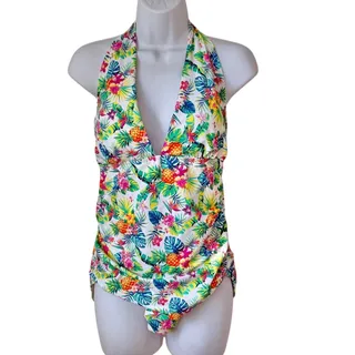 Photo of Firpearl White Tropical Pineapple Palm Halter Pin Up One Piece Swimsuit Size 12