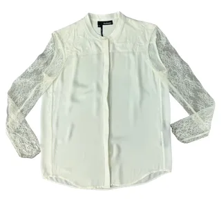 Photo of Kooples White Crepe Leather Detail Floral Lace Long Sleeve Button Down Blouse XS