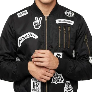 Photo of American Stitch Black Patchwork Bomber Jacket Punk Rock N Roll Patches Size M