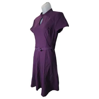 Photo of Modcloth Wom Med Purple Short Sleeve Stretch Keyhole Dress Belted Retro Twee