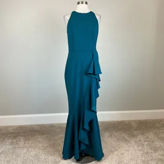 Photo of Betsy & Adam Blue Evening Gown Ruffled Halter Long Formal Mermaid Dress Size 6
