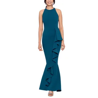 Photo of Betsy & Adam Blue Evening Gown Ruffled Halter Long Formal Mermaid Dress Size 6